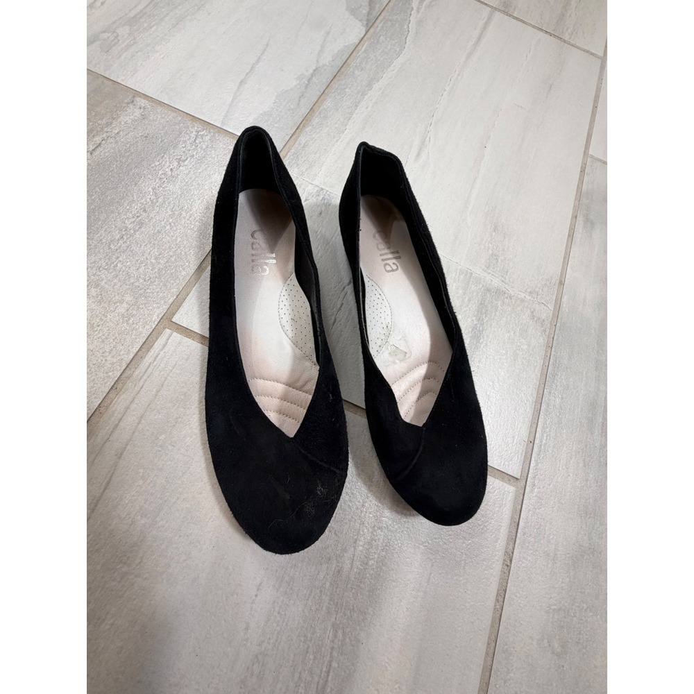 Calla Black Suede V-Cut Almond Toe Comfort Flats Wide Fit Bunion Friendly 39.5